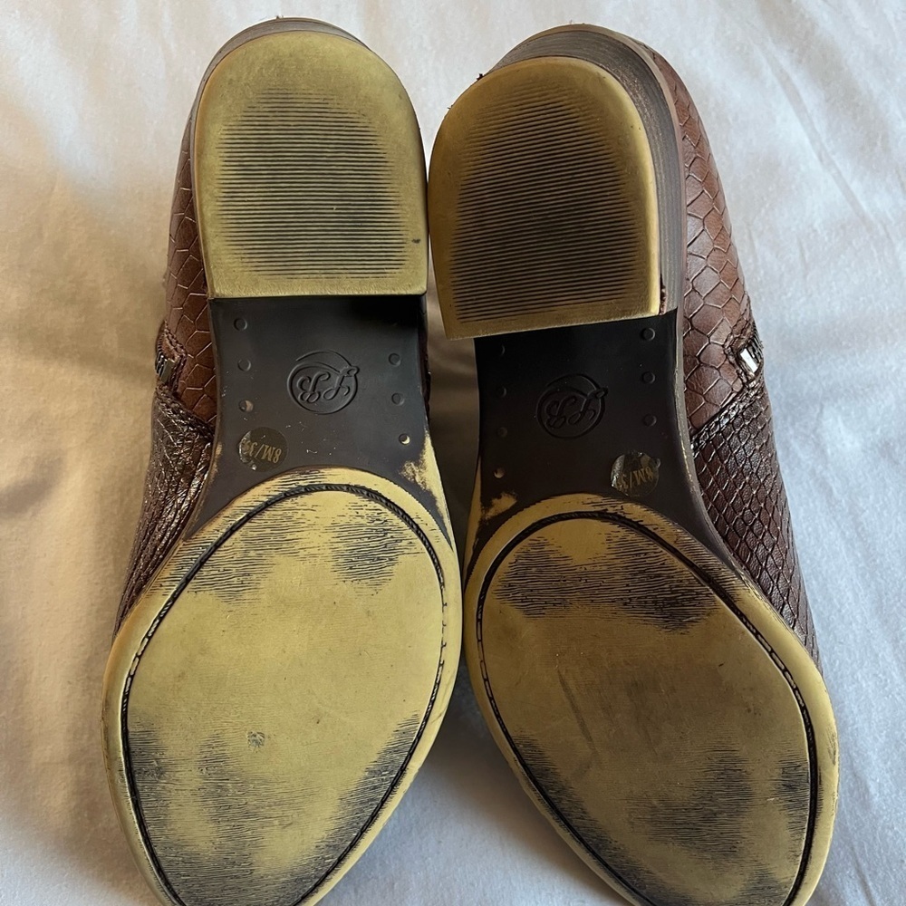 Lucky Brand Basel Roasted Leather Ankle Bootie Boot Faux Snake Brown Sz 8.5M GUC - Picture 8 of 11